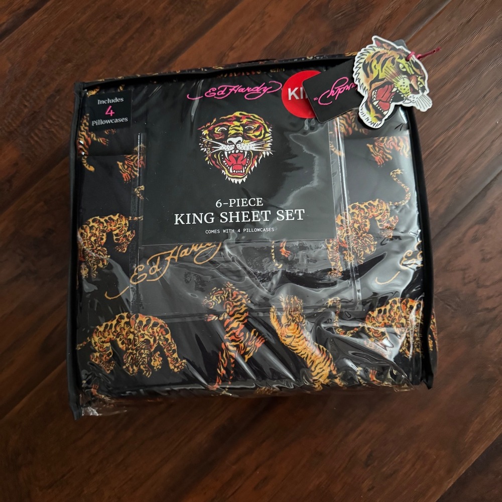 Y2K Tattoo Art Unisex King Ed Hardy 6-Piece King Sheet Set Tiger Print Black New